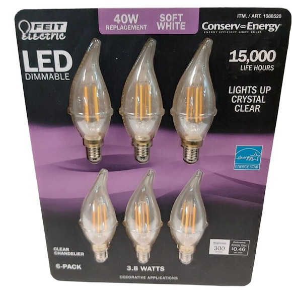 Feit Electric LED Chandelier Bulbs 40W - Pack of 6 - 3.8 Watts Soft White - Picture 1 of 2